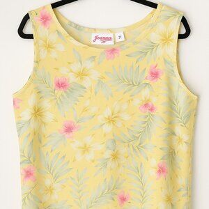 Joanna Plus Tropical Floral Sleeveless Blouse Yellow Pink Green‎ Resort Vacation